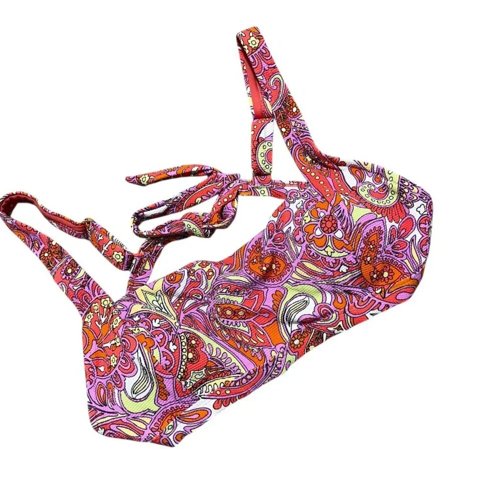 Jessica Simpson Women Size XL‎ Boho Retro Mandarin Multi Paisley Bikini Top NEW